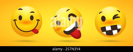 Emoji collection that shows cheeky talent, tricked, playful wheels in yellow background. Stock Vector