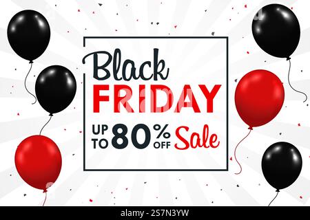 Black and red balloons floating sideways With BlackFriday promotional text box over the weekend Stock Vector