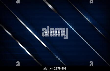 Vector geometric navy blue abstract background with metallic lines. Overlay layers on dark areas with light effect decorations. Modern graphic design template element for poster, flyer. Stock Vector