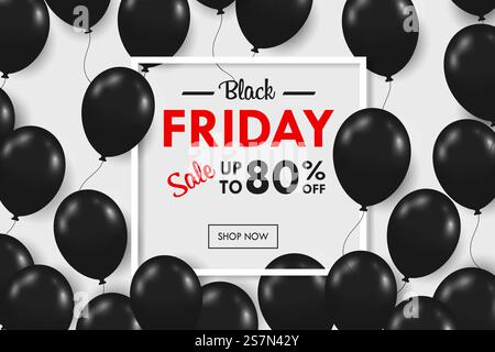 Many shiny black balloons floating With BlackFriday promotional text box over the weekend Stock Vector