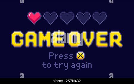 Game over screen. Pixel retro games, try again and 8bit gaming last life. Gamer playing entertainment pixel arcade, game over or pixelated videogaming arcades life and death vector illustration. Game over screen. Pixel retro games, try again and 8bit gaming last life vector illustration Stock Vector
