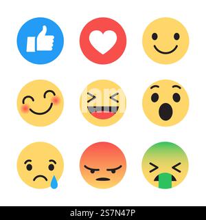 Vector Emoji Set with Different Reactions for Social Network Isolated on White Background. Modern Emoticons Collection in Flat Style Design. Flat Design Vector Modern Emoji Stock Vector