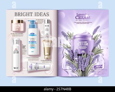 Cosmetic magazine brochure, lavender cream with splashing water and top view of skincare products on light pink background in 3d illustration. Cosmetic magazine brochure Stock Vector