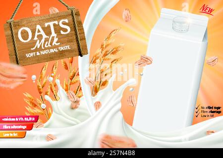 Oats milk ads with swirling liquid and blank carton box in 3d illustration. Oats milk ads with swirling liquid Stock Vector
