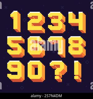 Pixel numbers. Retro 8 bit pixels number font. Oldschool games pixels numbers, arcade video gaming 80s vector illustration symbols set. Pixel numbers. Retro 8 bit pixels number font vector illustration set Stock Vector