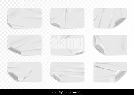 Crumpled white rectangle sticker or label with curled corner. Set of rectangular paper patch or tape with wrinkled texture effect and blank surface vector illustration isolated on transparent. Crumpled white rectangle sticker label isolated set Stock Vector