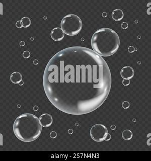 White underwater bubble isolated on transparent background. Realistic vector illustration of air or soap water bubbles with reflections. Concept of ecologyprotection , save planet or environment care.. White underwater bubble isolated on transparent background. Realistic vector illustration of air or soap water bubbles with reflections. Concept of ecology protection , save planet or environment care Stock Vector