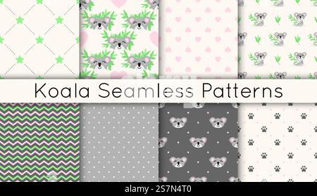 Set of 8 vector seamless patterns with cute koalas, eucalyptus branches, stars, hearts, zigzags. Collection of backgrounds in naive cartoon doodle with australian bear. Stock Vector
