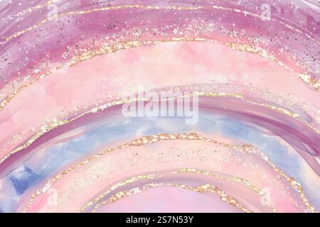 Abstract liquid watercolor background with golden crackers, imitation of gemstone. Purple, pink and blue geode with glitter kintsugi and alcohol ink effect. Vector illustration design template.. Abstract liquid watercolor background with golden crackers, imitation of gemstone. Purple, pink and blue geode with glitter kintsugi and alcohol ink effect. Vector illustration design template Stock Vector