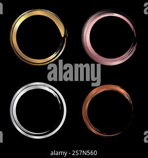 Set of golden, pink gold, silver, copper metallic circle brush strokes for frames design elements isolated on black background. Vector illustration Stock Vector