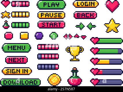 Pixel game buttons. Games UI, gaming controller arrows and 8 bit pixels button. Game pixel art magic items, digital pixelated lives bar and menu button. Vector isolated symbols set. Pixel game buttons. Games UI, gaming controller arrows and 8 bit pixels button vector set Stock Vector