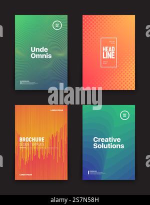 Set of Tech Vector Different Style Green and Orange Brochure Cover Flyer Book Booklet Banner Broadsheet Magazine Poster Placard Presentation Design Templates Mockup. Geometrical Abstract Backgrounds. Vector Different Brochures Design Templates Stock Vector