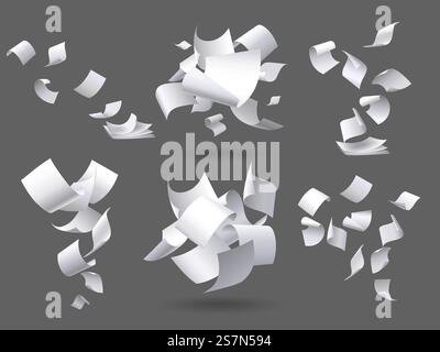 Falling paper sheets. Flying papers pages, white sheet documents and blank document page on wind. Fly scattered notes, empty chaotic paperwork. Isolated vector illustration signs set. Falling paper sheets. Flying papers pages, white sheet documents and blank document page on wind isolated vector illustration set Stock Vector