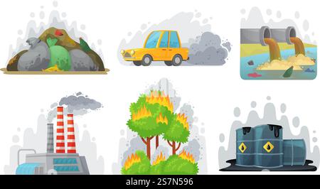 Environmental pollution. Contaminated air, industrial radioactive waste and ecological awareness. Waste problems or environment exhaust pollutions. Cartoon vector isolated icons illustration set. Environmental pollution. Contaminated air, industrial radioactive waste and ecological awareness vector illustration set Stock Vector