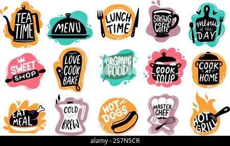 Food lettering. Bakery kitchen sweets, hot dogs badge and organic food logo. Good food cooking motivation, restaurant text emblem or bakery quote. Vector isolated symbols set. Food lettering. Bakery kitchen sweets, hot dogs badge and organic food logo vector set Stock Vector