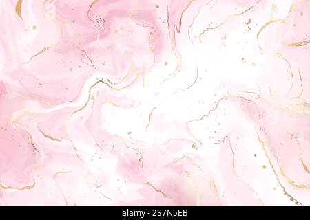 Abstract dusty blush liquid watercolor background with gold glitter lines and stains. Pastel rose marble alcohol ink drawing effect and golden foil cracks. Vector illustration for wedding invitation.. Abstract dusty blush liquid watercolor background with gold glitter lines and stains. Pastel rose marble alcohol ink drawing effect and golden foil cracks. Vector illustration for wedding invitation Stock Vector