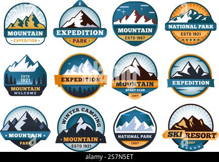 Mountain labels. Hiking emblems, mountains emblem badges and outdoors hill travel label. Snow mountains tourism logo or hike mountaineering expedition patch. Vector isolated sign set. Mountain labels. Hiking emblems, mountains emblem badges and outdoors hill travel label vector set Stock Vector
