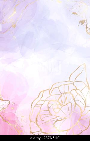 Abstract lavender liquid watercolor background with gold floral decoration elements. Pastel pink violet marble alcohol ink drawing effect and golden peony flower. Vector elegance illustration.. Abstract lavender liquid watercolor background with gold floral decoration elements. Pastel pink violet marble alcohol ink drawing effect and golden peony flower. Vector elegance illustration Stock Vector