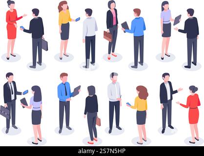 Isometric business people. Businessman team, businesswoman working collective and crowd of office worker persons. Professionals employees partnership meeting. Vector isolated illustration icons set. Isometric business people. Businessman team, businesswoman working collective and crowd of office worker persons vector illustration Stock Vector