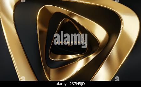 Abstract background with black and golden twisted shapes. Triangle spin frames. Vector 3d illustration. Luxury geometric backdrop. Jewelry decoration for banner or poster design.. Abstract background with black and golden twisted shapes. Stock Vector