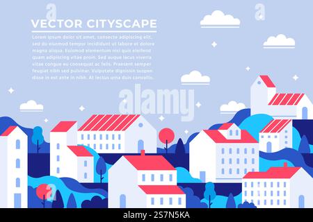 City buildings landing page. Town apartment banner, building apartments cityscape and modern townscape panorama. Urban architecture, smart apartment rent homepage vector illustration. City buildings landing page. Town apartment banner, building apartments cityscape and modern townscape panorama vector illustration Stock Vector