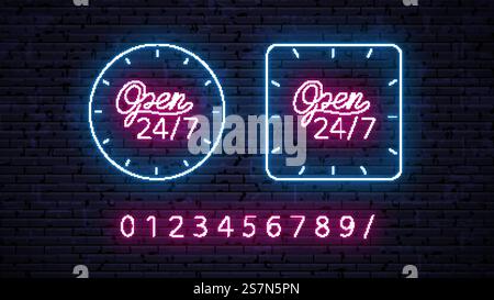 Set of neon signs - open 24 hours 7 days a week, around the clock, with the ability to edit time using numbers. Vector Illustration. Stock Vector