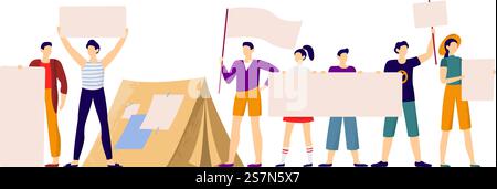 Protesters people. Protest strike, protesting group holding protests banners and protester activist. People cheering protesting, crisis riot demonstration or politics revolution vector illustration. Protesters people. Protest strike, protesting group holding protests banners and protester activist vector illustration Stock Vector