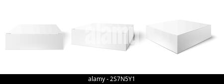 White packaging box. Blank mockup, package cube perspective view and consumer product boxes mockups. Packing medical container pack 3d realistic vector illustration isolated sign set. White packaging box. Blank mockup, package cube perspective view and consumer product boxes mockups 3d vector illustration set Stock Vector