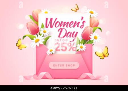 Women&rsquo;s Day sale pop up ads for with 25 percent discount decorated by a cute pink envelope and lovely flowers. Pop up ads for Women&rsquo;s Day Sale Stock Vector