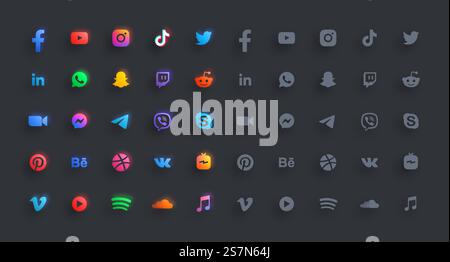 Social Media Networks And Messengers Modern 3D Glow And Flat Glyph Icons Set Stock Vector