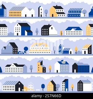 Minimal city pattern. Minimalistic town landscape, modern homes houses and geometric cityscape. Estate property residential houses, minimal hills district vector seamless background. Minimal city pattern. Minimalistic town landscape, modern homes houses and geometric cityscape vector seamless background Stock Vector