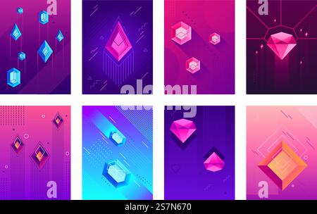 Abstract crystals poster. Precious jewel crystal stones, jewels diamond gems and hipster gem posters. Crystallize banner, crystalization diamonds gradient isolated vector background set. Abstract crystals poster. Precious jewel crystal stones, jewels diamond gems and hipster gem posters isolated vector background set Stock Vector