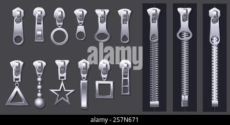 Zipper pulls. Metal zippers and fabric pull, cloth clasp and clothing zipper. Textile zip, fabrics zippers fastener or clothing plastic unzip. Isolated 3d realistic vector symbols set. Zipper pulls. Metal zippers and fabric pull, cloth clasp and clothing zipper isolated 3d realistic vector set Stock Vector
