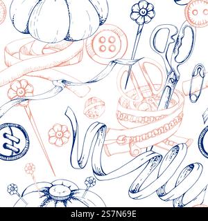 Clothes zippers, textile pin cushion with needles, buttons. Hand drawn ink vector illustration sewing craft supplies. Seamless pattern isolated on Stock Vector