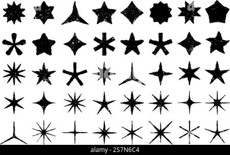 Grunge stars. Hand drawn star, starry doodle and textured favorites icon silhouette. Geometric astronomy drawing starry shapes or award stars. Isolated vector icons set. Grunge stars. Hand drawn star, starry doodle and textured favorites icon silhouette isolated vector set Stock Vector