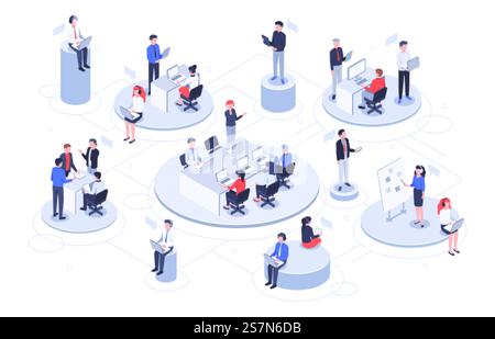 Isometric virtual office. Business people working together, technology companies workspace and teamwork platforms. Digital development communication, vr training vector illustration. Isometric virtual office. Business people working together, technology companies workspace and teamwork platforms vector illustration Stock Vector