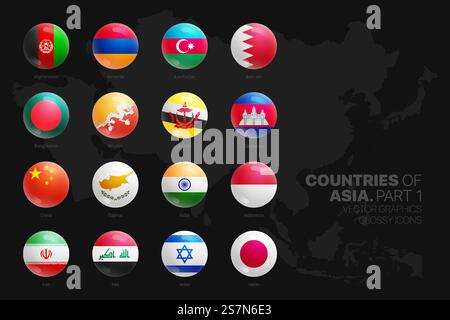 Asian Countries Flags Glossy Round Icons Set Isolated On Black Background Part 1 Stock Vector