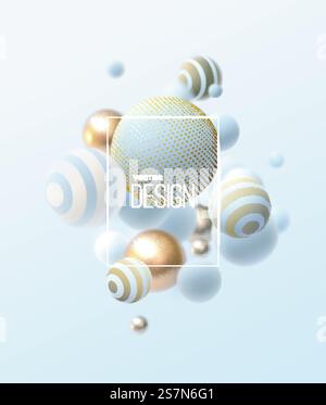 Abstract composition with 3d spheres cluster. White and golden bubbles. Vector illustration of balls textured with striped pattern. Vertical banner or poster design. Futuristic background. Abstract composition with 3d spheres cluster. Stock Vector