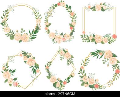 Flowers frame. Flower border frames, round bloom and decorative wedding floral square card. Flowering greeting or invitation romantic cards frame. Vector illustration isolated icons set. Flowers frame. Flower border frames, round bloom and decorative wedding floral square card vector illustration set Stock Vector
