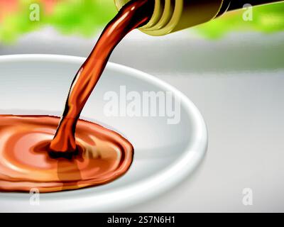soy sauce flow and dinner table background, 3d illustration. soy sauce ad Stock Vector