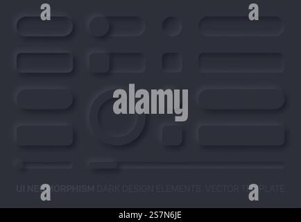 Neumorphic Vector UI Design Elements Set Dark Version. UI Components And Shapes Buttons, Bars, Switchers, Sliders In Simple Elegant Trendy Neomorphic Style For Apps, Websites, Interfaces Stock Vector