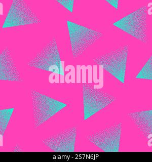 Crazy Colors Stippled Triangles Seamless Pattern 80s and 90s Retro Pink Cyan Background. Vector Abstract Stippled Seamless Pattern Stock Vector