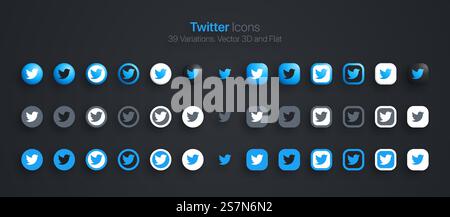 Twitter Icons Set Modern 3D And Flat In Different Variations Stock Vector