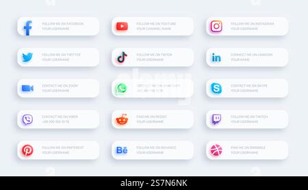 Social Media Network Lower Third Glowing Icons 3D Banner Set On Light Background Stock Vector