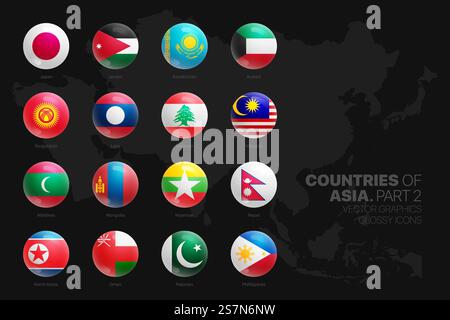 Asian Countries Flags Glossy Round Icons Set Isolated On Black Background Part 2 Stock Vector