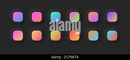 Modern Different Vivid Color Gradient Schemes Set For UI Graphic Design On Dark Neumorphic Abstract Background Stock Vector