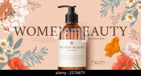 Promo banner for botanical cleansing product mock-up, decorated with romantic hand-drawn flowers on peach pink background, 3d illustration. Banner ad for cleansing product Stock Vector