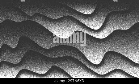 3D Abstract Vector Smooth Liquid Curved Lines Retro Style Dotwork Background. Hand Made Dotted Stippling Engraving Texture. Vector Smooth Lines Dotwork Background Stock Vector