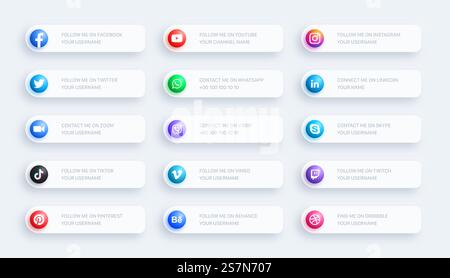 Social Media Network Lower Third Glowing Icons 3D Banner Set On Light Background Stock Vector