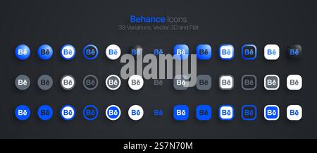 Behance Icons Set Modern 3D And Flat In Different Variations Stock Vector